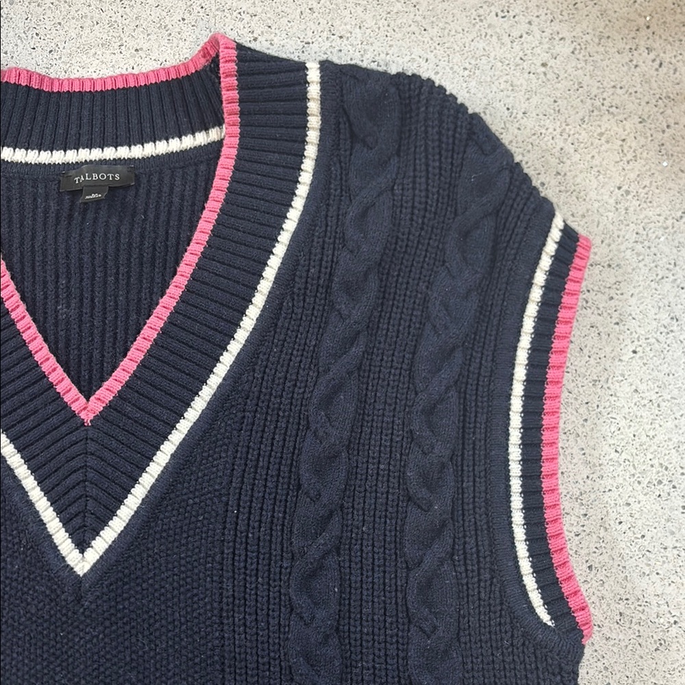 Talbots Navy V-Neck Cable Sweater with Pink and Cream Trim - Picture 3 of 5